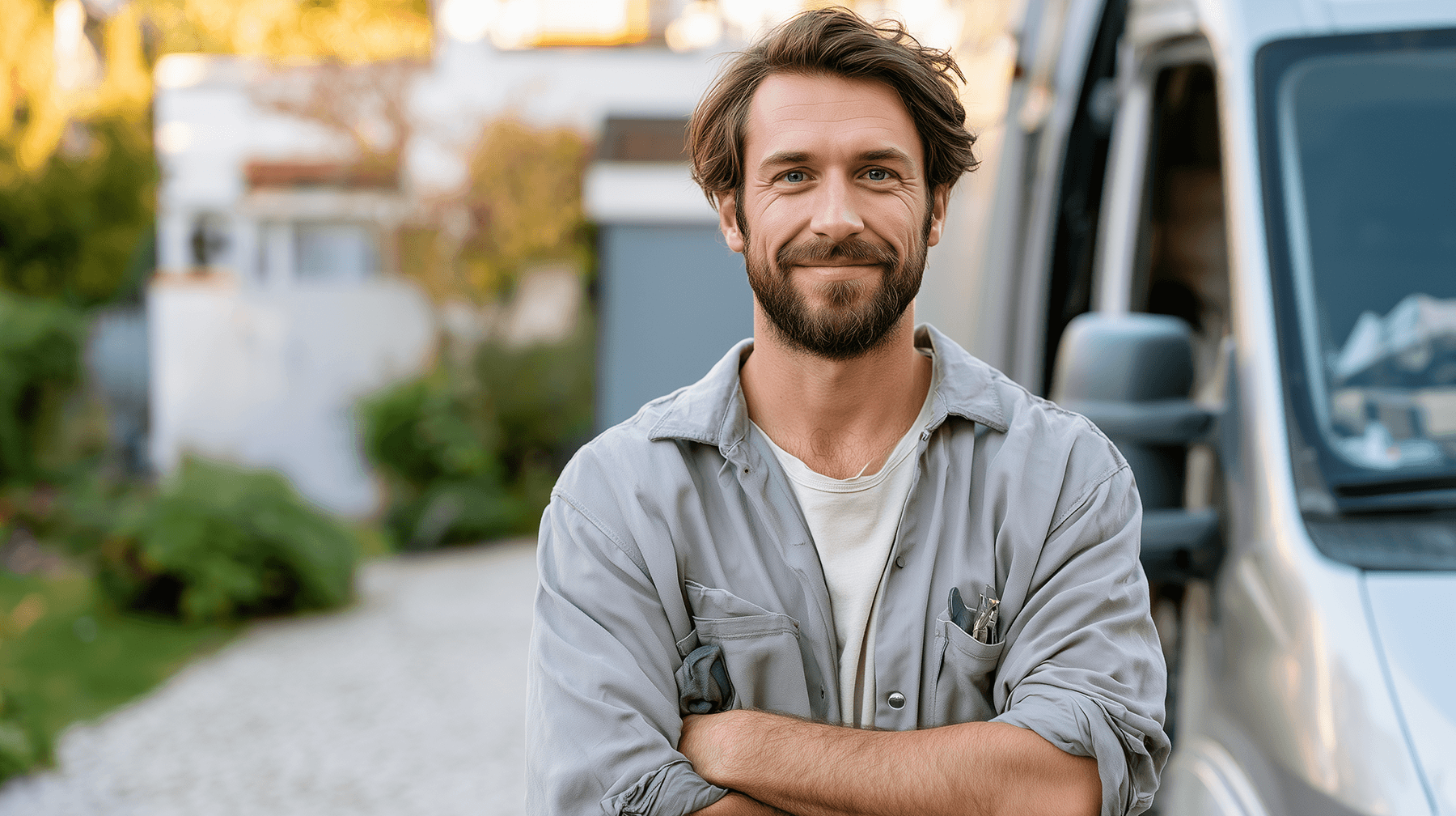 A confident independent contractor in clean work gear standing beside a work van in a residential driveway