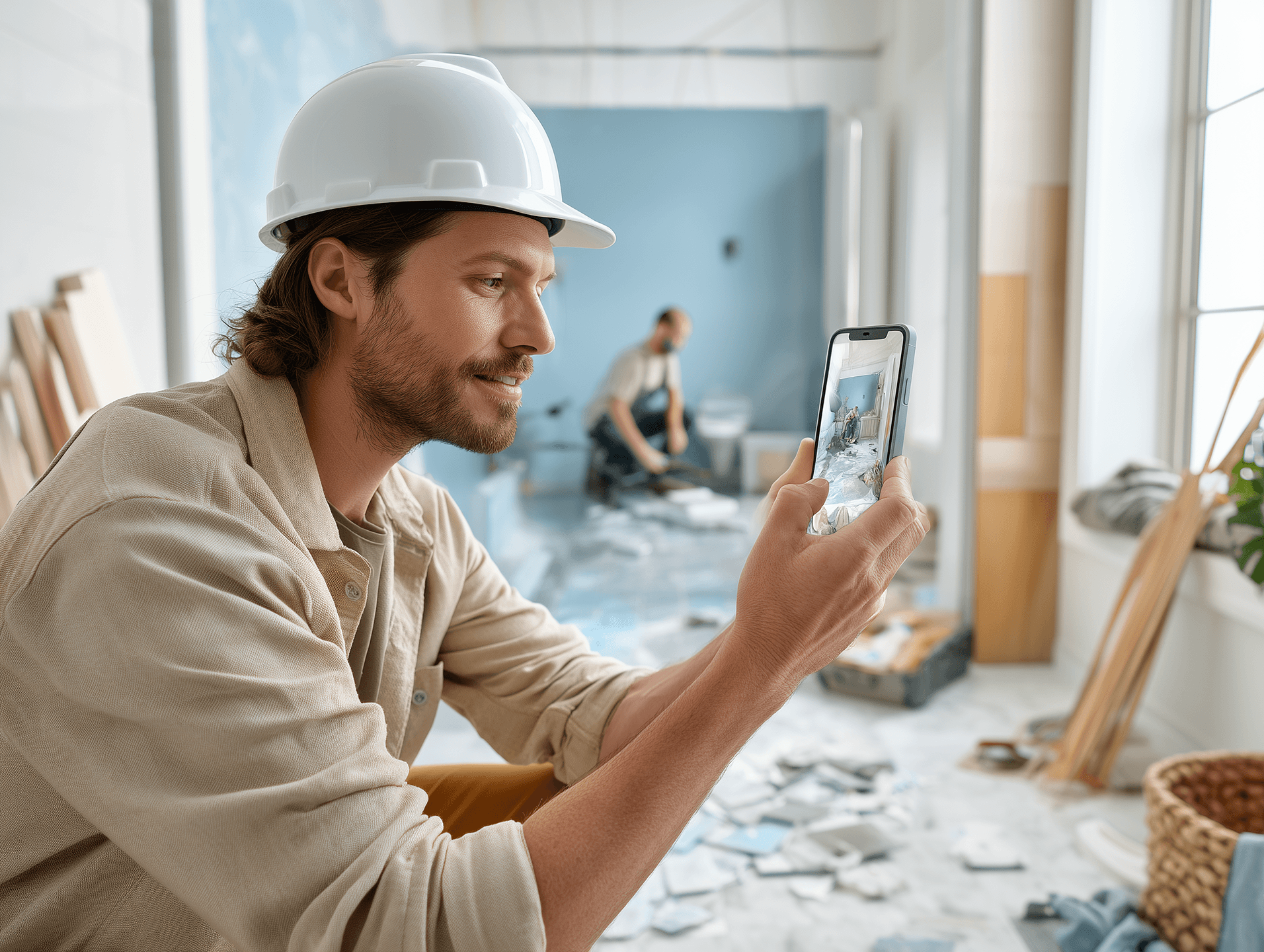 Close-up of a contractor anchoring a stainless grab bar into a wall stud with a drill