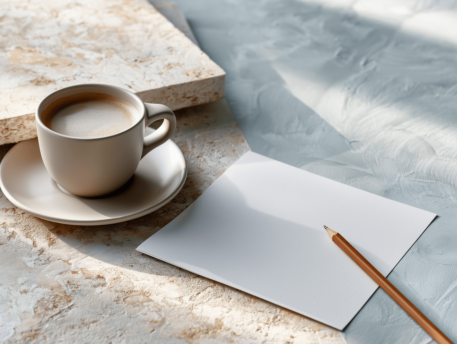 A notepad, pencil, and coffee laid out on a work surface for jobsite planning