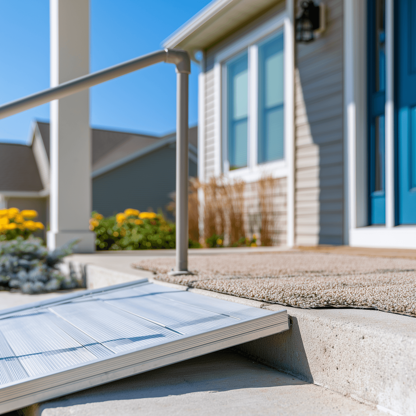 A newly installed threshold ramp and handrail at a residential front entry
