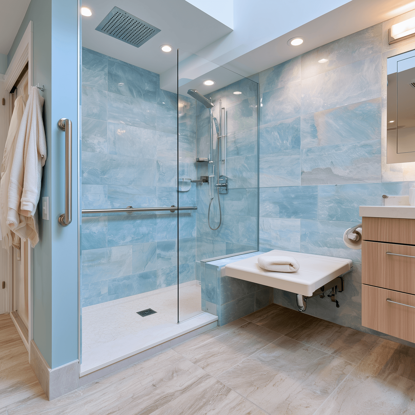 A finished curbless walk-in shower with grab bars and a bench in a modern accessible bathroom