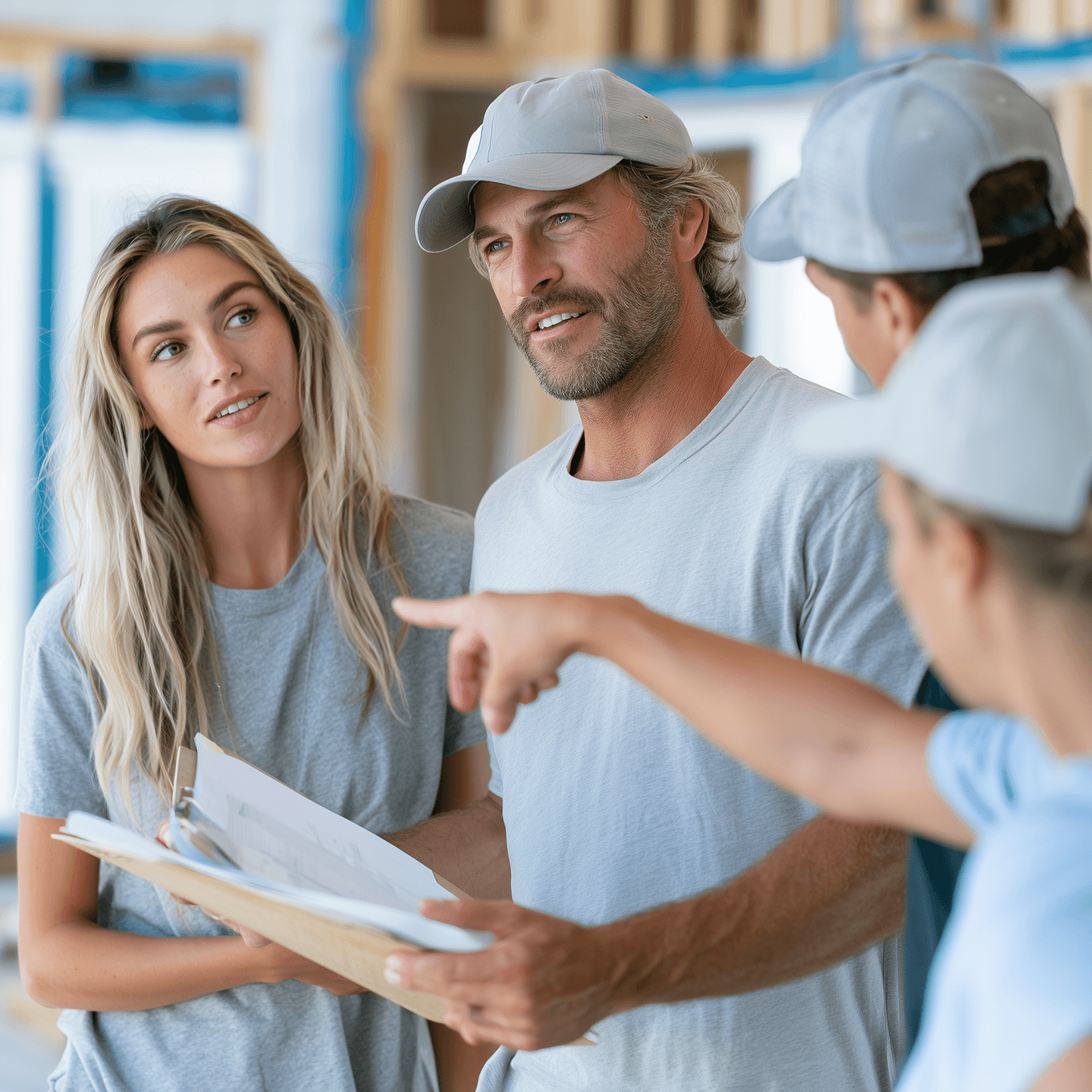 An experienced contractor reviewing a project plan with two crew members on a job site